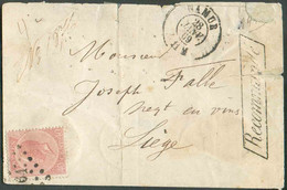 N°20 - 40 Centimes Rose, Obl. LP.264 Sur Enveloppe De NAMUR le 28 Janvier 1869 + Griffe RECOMMANDE vers Liège. - TB Et R - 1865-1866 Perfil Izquierdo