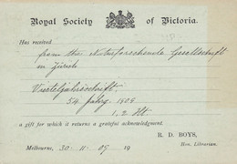 Victoria Postal Stationery Ganzsache Entier PRIVATE Print ROYAL SOCIETY Of VICTORIA, MELBOURNE 1909 ZÜRICH Schweiz - Lettres & Documents