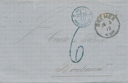 1872- Letter From BREMEN To Bordeaux - Entrance PRUSSE 3 ERQUELINES 3 Blue + Rating 6 D. Blue - Entry Postmarks