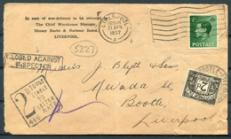 1937 Liverpool Mersey Docks Cover (Front ONLY) - Bootle "Closed Against Inspection" Postage Due, Taxe 466 Instructional - Brieven En Documenten
