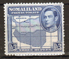 Somaliland Protectorate 1938 George VI Single Three Rupee Blue Stamp. - Somalilandia (Protectorado ...-1959)