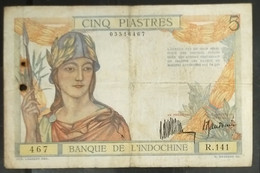 French Indochina Indo China Indochine Laos Vietnam Cambodia 5 Piastres VF Banknote Note 1932 - Pick # 53a / 2 Photos - Indochina