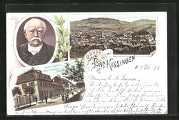 Lithographie Bad Kissingen, Obere Saline Von Bismarck Die Wohnung, Porträtbild Von Fürst Bismarck, Totalansicht - Bad Kissingen