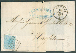 N°18 - 20 Centimes Bleu Obl. LP. 12 Sur Lettre D'ANVERS Le 14 Janvier 1868 Vers Hasselt. - 8946 - 1865-1866 Perfil Izquierdo