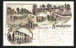 Lithographie Neumünster, Bahnhofs-Hotel, Kleinflecken Mit Kriegerdenkmal, Mühlenteich - Neumünster