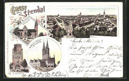 Lithographie Stendal, Denglinger Tor, Rathaus Mit Roland Marienkirche, Domkirche - Stendal