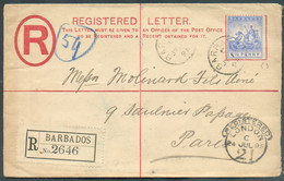 Registered Letter Fr. 2½p. Canc. BARBADOS JY 14 1895 To Paris Via (Registered/London 24 JUL. 95/21).  Very Fresh .  TB - Barbados (...-1966)