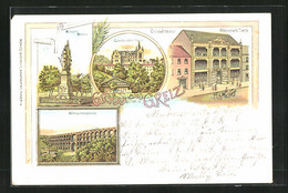 Lithographie Greiz, Geschäftshaus Heinrich Tietz, Landkrankenhaus - Greiz