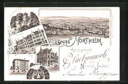 Lithographie Northeim, Kaiserliches Postamt, Am Markt, Seminar, Neujahrsgruss - Northeim