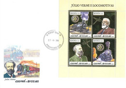 Guinea Bissau 2005, 100th J. Verne, Rotary, Satellite, Train, 4val In BF GOLD In FDC - Afrique