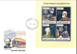 Guinea Bissau 2005, 100th J. Verne, Rotary, Satellite, Train, 4val In BF SILVER In FDC - Africa