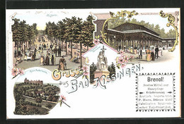 Lithographie Bad Kissingen, Kurgarten, Rakoczy-Brunnen, Ruine Bodenlaube - Bad Kissingen