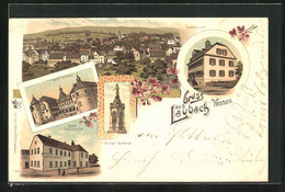 Lithographie Laubach /Hessen, Hotel Zum Schützenhof, Krieger-Denkmal, Gymnasium - Laubach