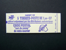 1892-C1 CARNET DATE FERME 5 TIMBRES MARIANNE DE BEQUET 1,00 ROUGE CODE POSTAL - Modernes : 1959-...