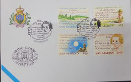 A) 1998, SAN MARINO, GIACOMO LEOPARDI WRITER, FDC, BICENTENNIAL OF HIS BIRTH: THE INFINITY, THE VILLAGE SATURDAY, NIGHT - Lettres & Documents