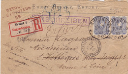 24870# LETTRE RECOMMANDE Obl ERFURT 1883 ANGERS RETOUR ENVOYEUR 99 PARIS A CHARGEMENTS MAINE ET LOIRE EINSCHREIBEN - Entry Postmarks