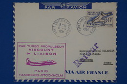 150 FRANCE BELLE LETTRE 1954  PREMIERE LIAISON   PARIS STOCKHOLM SUEDE+ RETOUR + AFFR. PLAISANT - 1927-1959 Oblitérés