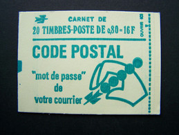 1893-C1a CONF. 8 CARNET NUMEROTE FERME 20 TIMBRES MARIANNE DE BEQUET 0,80 VERT CODE POSTAL - Modernes : 1959-...