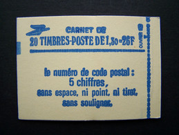 2059-C4 CONF. 8 CARNET NUMEROTE FERME 20 TIMBRES SABINE DE GANDON 1,30 ROUGE CODE POSTAL - Modern : 1959-…