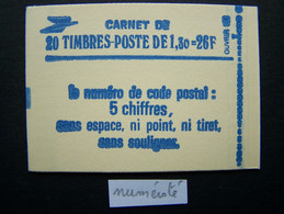 2059-C4a CONF. 8 CARNET NUMEROTE FERME 20 TIMBRES SABINE DE GANDON 1,30 ROUGE CODE POSTAL - Modernes : 1959-...