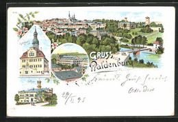 Vorläufer-Lithographie Waldenburg, 1895, Totalansicht Mit Rathaus, Seminar Und Schloss - Waldenburg (Sachsen)