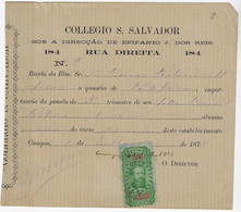 Brazil Year 1873 Receipt school Campos Dos Goitacazes Rio De Janeiro Fiscal Revenue Stamp Emperor D. Pedro II 200 Réis - Lettres & Documents