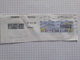 Etiquette Tarif Lettre Verte DD 1,94 EUR Sur Fragment Oblitération Cestas Bordeaux PIC 2020 - 2000 « Avions En Papier »