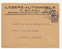 FRANCE - Env. En-tête "Lozère Automobile - P. MALAVAL - Mende (Lozère)" Affr 2F Iris Cad 1945 - Auto's