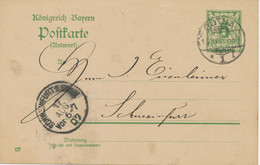 BAYERN ORTSSTEMPEL GOTHA 1 K2 Und SCHWEINFURT 1 Stadt K1 1907 Ungewöhnliche Nutzung Eines Bayerischen GA‘s Im Dt.Reich - Postal  Stationery
