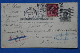 X9  ETATS UNIS    BELLE CARTE  1908    PHILADELPHIA POUR PARIS FRANCE    + + AFFRAN.  INTERESSANT - Lettres & Documents