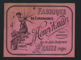 Ancienne étiquette Fabrique De Limonades  Eaux Gazeuses Eau De Seltz Henri Knür  Fraize Vosges 88  " Superbe" - Lemonades & Sodas