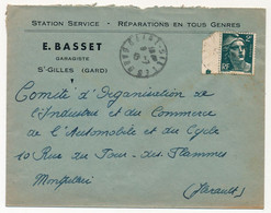 FRANCE - Env. En-tête "Station Service Réparations... E. BASSET Garagiste St Gilles (Gard) Affr 2F Gandon 1945 - Automovilismo