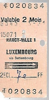 Ticket-2e Classe-Train-30/1/1981-Nancy Ville1-Luxembourg Via Bettembourg-Ft 3x6Cm-TBE/RARE - Monde