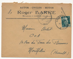 FRANCE - Env. En-tête "Autos - Cycles - Motos Roger BARRE" LAISSAC (Aveyron) Affr 2F Gandon 1945 - Automobile
