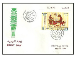 EGYPT FDC Cover 2000 POST DAY; RAMSES II - CHARIOT - HORSE - PHARAOH FDC Miniature Sheet - Lettres & Documents