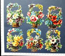 6 CHROMOS DECOUPIS .....H : 8 Cm.. FLEURS DIVERSES DANS UNE .CORBEILLE EN OSIER ... - Flowers