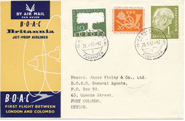 BUNDESREPUBLIK 1957 Heuss 1 DM M Zusatzfrank. Erstflug M. BOAC FRANKFURT - COLOMBO - Briefe U. Dokumente