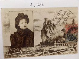 Cpa PHOTO Voeux 1909 Montage Photo Portrait Femme En Fond Château Sur Falaise Bord De Mer, Lac, Rivière Postée De Moscou - Fotografie