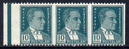 Turkey 1931 Ataturk 1st Def 10 Para Green Horiz Strip Of 3 With Vert Perfs Omitted U/M, SG 1122var - Ungebraucht