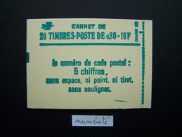 1970-C1 CONF. 6 CARNET NUMEROTE FERME 20 TIMBRES SABINE DE GANDON 0,80 VERT CODE POSTAL (BOITE C) - Modern : 1959-…