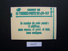 1970-C1a CONF. 6 CARNET DATE DU 14.11.77 FERME 20 TIMBRES SABINE DE GANDON 0,80 VERT CODE POSTAL (BOITE C) - Modern : 1959-…