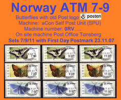 Norge Norwegen Norway ATM 7-9 / Butterflies / Tonsberg Machine # 0RV.. / Sets 7/9/11 First Day / Frama Automatenmarken - Timbres De Distributeurs [ATM]