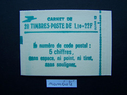 2058-C1 CARNET NUMEROTE FERME 20 TIMBRES SABINE DE GANDON 1,10 VERT CODE POSTAL (BOITE C) - Modern : 1959-…