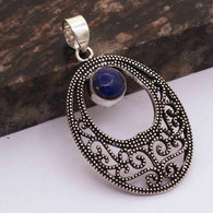 Neuf - Pendentif Ovale Argent 925 Ciselé Style Art Nouveau Serti Lapis Lazuli - Colgantes