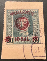 Poland Mi 22b Better Violet Overprint VARIETIES! Expert Scheller: 1918 10H On 30H VF Used On Piece(Polen Polska Pologne - Oblitérés