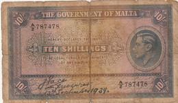 Billet Ten Shillings En L 'etat - Malta