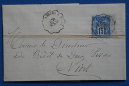 ¤14 FRANCE BELLE LETTRE 1880 ANGERS   POUR NIORT+ +C. AMBULANTS+ BORD DE FEUILLE  + +AFFRANCH . INTERESSANT - 1876-1878 Sage (Type I)