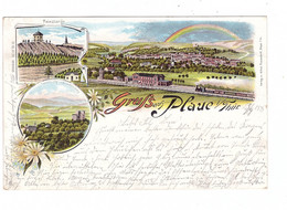 0-5216 PLAUE, Lithographie 1899, Bahnhof, Reinsberge, Ruine Ehrenburg & Capellkirche - Arnstadt