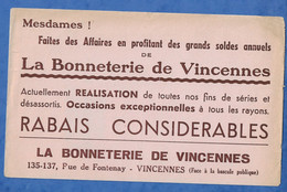 Buvard Ancien Magasin De Sous Vêtements LA BONNETERIE DE VINCENNES Rue De Fontenay - Des Imperfections - B