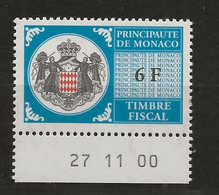 TIMBRES FISCAUX DE MONACO SERIE UNIFIEE N°101 6 F Bleue  Coin Daté Du 27 11 00 Neuf Gomme Mnh (**) - Revenue